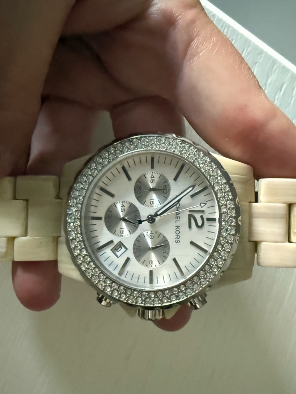 Michael Kors Cream Ceramic Crystal-Trim Chronograph Watch